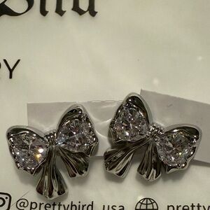New Silver Sparkly Bow Stud Earrings with Crystal Accents